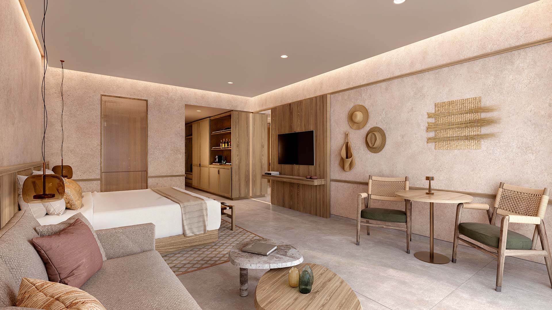 una habitación con una cama y un televisor